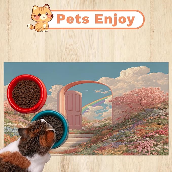 Rainbow Cloud Dog Food Mat for Floors Absorbent, Quick Dry Water Dispenser Mat for Food, Water, Pet Supplies 17" x 30", Wildflower Flower