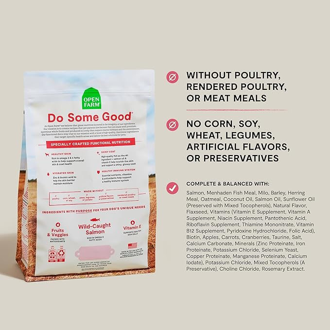 Open Farm, Skin & Coat Health Dog Food, Veterinarian Formulated Kibble with Salmon Oil and Vitamin E to Support Healthy Skin & A Shiny Coat, Wild-Caught Salmon & Oatmeal Recipe, 22lb Bag