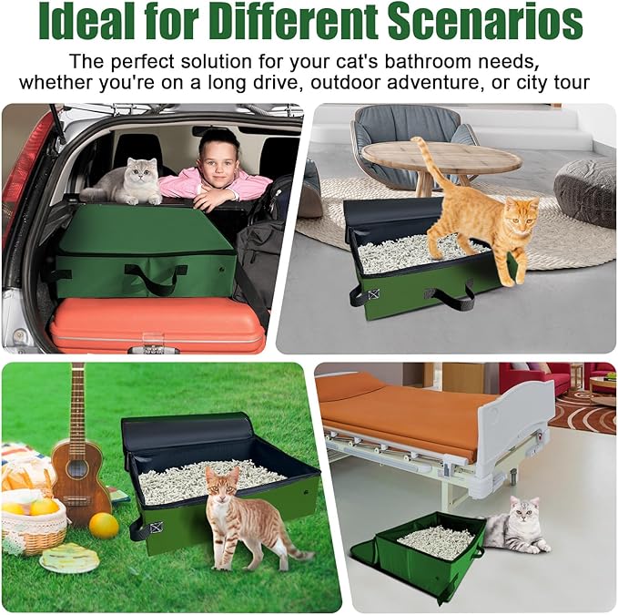 20x14x6.5 Inches, Large Portable Cat Travel Litter Box with Zipped Lid & 10 Liners, Leak-Proof, Lightweight, Sturdy & Waterproof and Foldable Travel Cat Litter Box for Hotels, Car, & Camping