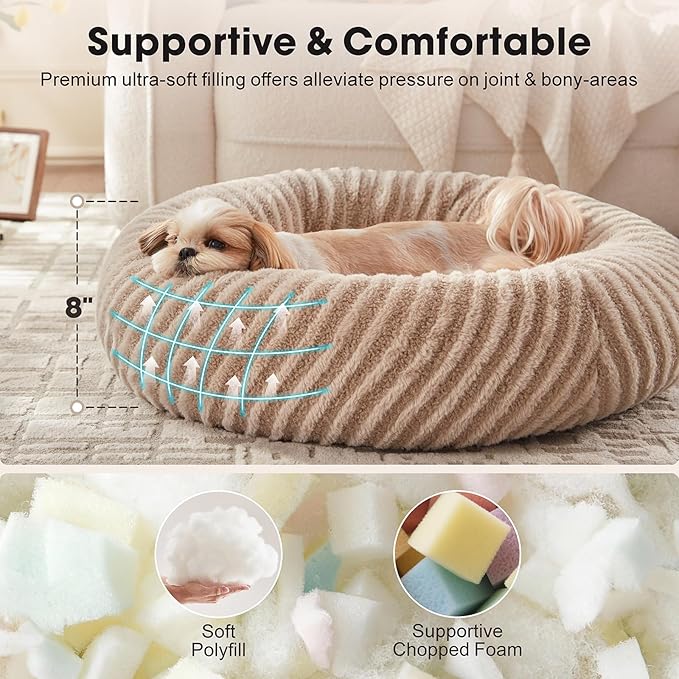 MIXJOY Dog Beds for Small Dogs Cats, Washable Small Dog Bed with Removable Cover, Donut Cat Bed for Indoor Cats, Calming Fluffy Round Pet Beds with Anti Slip Bottom, Cute Puppy Beds, 23"x23"x8", Beige