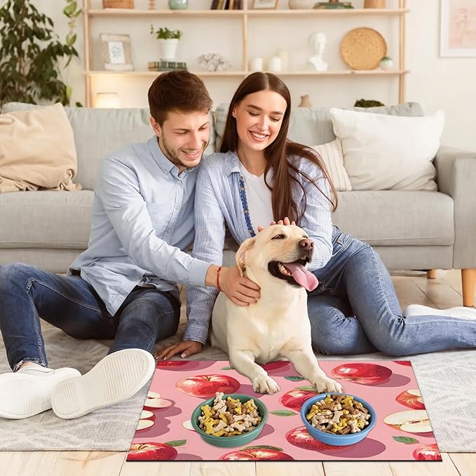 Red Apples Dog Food Mat for Floors Absorbent Dog Bowl Mat for Food and Water Dispenser Quick Dry Cat Food Placemat Pet Supplies 12" x 20", Green Leaves