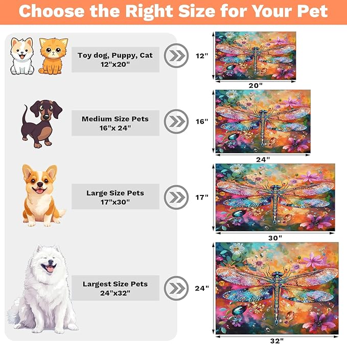 Dragonfly Dog Food Mat for Floors Absorbent, Quick Dry Water Dispenser Mat for Food, Water, Pet Supplies 17" x 30", Flower