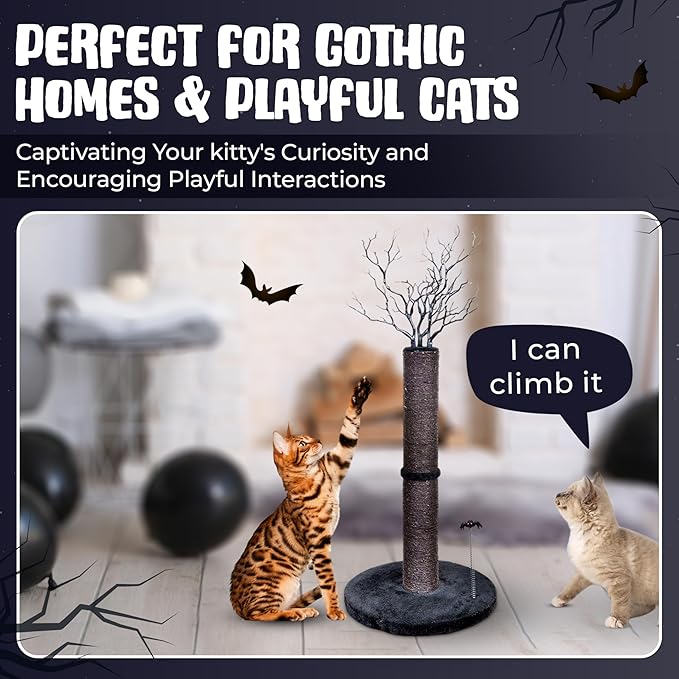 Black Cat Scratching Post – 37” Cute Cat Scratching Post Featuring Durable Sisal, Spooky Tree Design & Spider Goth Cat Toys for Indoor Cats