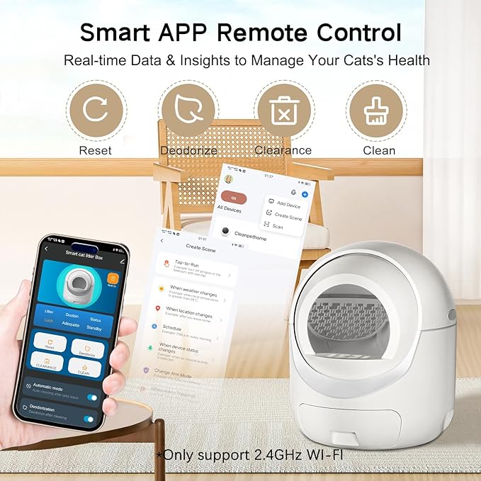 Self Cleaning Cat Litter Box, Automatic Cat Litter Box with APP Control Odor Removal Safety Protection for Multiple Cats