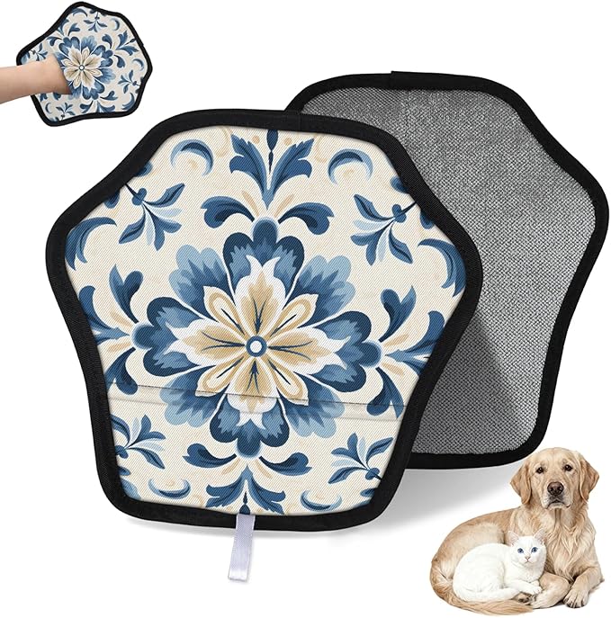 Reusable Pet Hair Removal Glove Watercolor Blue Flowers Magic Brush for Cat & Dog Hair Remover for Car, Sofa, Bedding, Clothes - 9x9 Mitt Washable