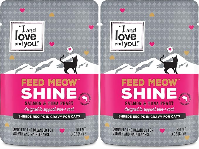 I AND LOVE AND YOU" Feed Meow Wet Cat Food Toppers, Shine Formula with Salmon and Tuna, Omegas 3 and 6 for Healthy Skin and Coat, Grain Free, No Fillers, 3 Oz Pouches, 1 Pouch Trial Size (Pack of 2)