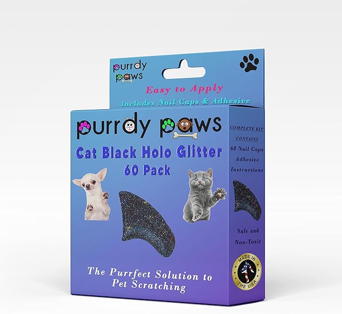 Soft Nail Caps 60 Packs for Cats - Black Holographic Glitter Small