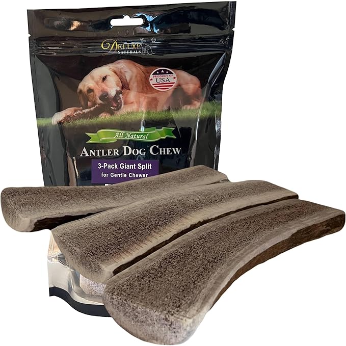 3‑Pack Giant Split Elk Antler Dog Chews for Medium & Large Dogs Under 60 lbs – 7.5‑10 Inch Center‑Split, Premium Grade‑A, Naturally Shed, USA‑Sourced