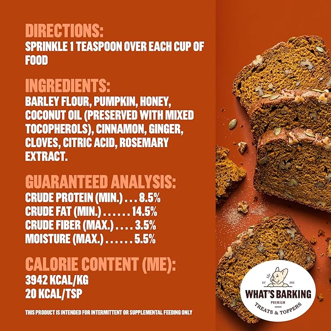 What's Barking Shakers Meal Toppers, Dog Treat Crumbles for Food Topping, Pet Essentials, Sprinkle Topper for Kibble or Wet Food, Made in USA, Resealable Bag, Pumpkin Bread Flavor, 5 oz