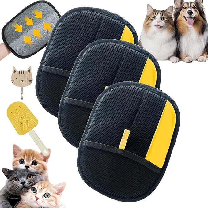 Pet Hair Remover, Pet Hair Remover Electrostatic Gloves, Washable and Reusable Double Sided Pet Hair Removal Mitt for Couch, Furniture, Carpet, Car Seat, Cat Grooming Tools (3)