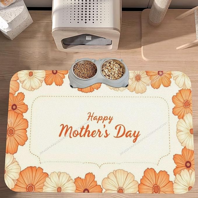 Dog Food Mats for Floors Absorbent Pet Cat Food Mat Happy Mother's Day Floral Gift Mom Orange Lf Non Slip Dogs Bowl Mats for Water Dog Placemats Feeding Mat Pet Supplies 24x16In