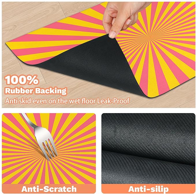 Striped Dog Food Mat for Floors Absorbent, Quick Dry Water Dispenser Mat for Food, Water, Pet Supplies 24" x 32", Pink Yellow