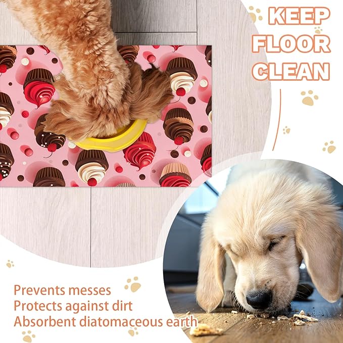 Chocolate Cake Dog Food Mat for Floors Absorbent Dog Bowl Mat for Food and Water Dispenser Quick Dry Cat Food Placemat Pet Supplies 12" x 20", Colorful Polka Dots