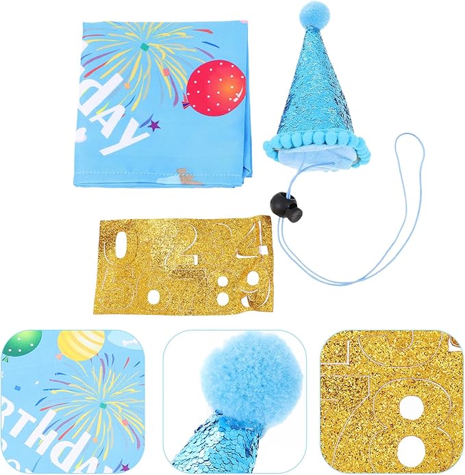 Dog Birthday Hats and Bandanas Set 3pcs Pet Party Accessories with Blue Birthday Hat and Sky Blue Scarf Decorative Pet Supplies