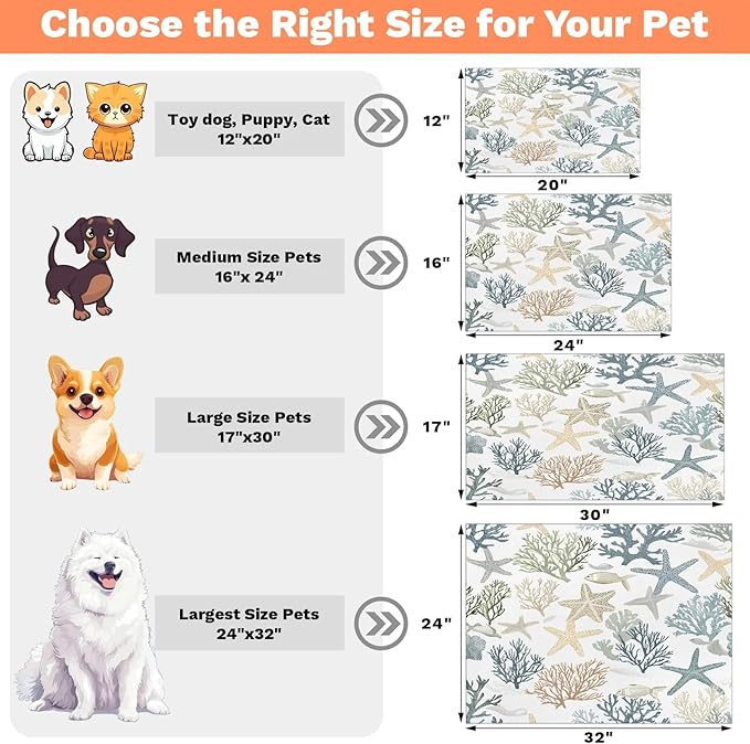 Nautical Coastal Dog Food Mat for Floors Absorbent Dog Bowl Mat for Food and Water Dispenser Quick Dry Cat Food Placemat Pet Supplies 24" x 32", Ocean Beach Starfish
