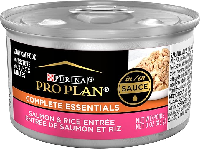 Purina Pro Plan Gravy, Pate, High Protein Wet Cat Food, Complete Essentials Salmon and Rice Entree in Sauce - (Pack of 24) 3 oz. Pull-Top Cans