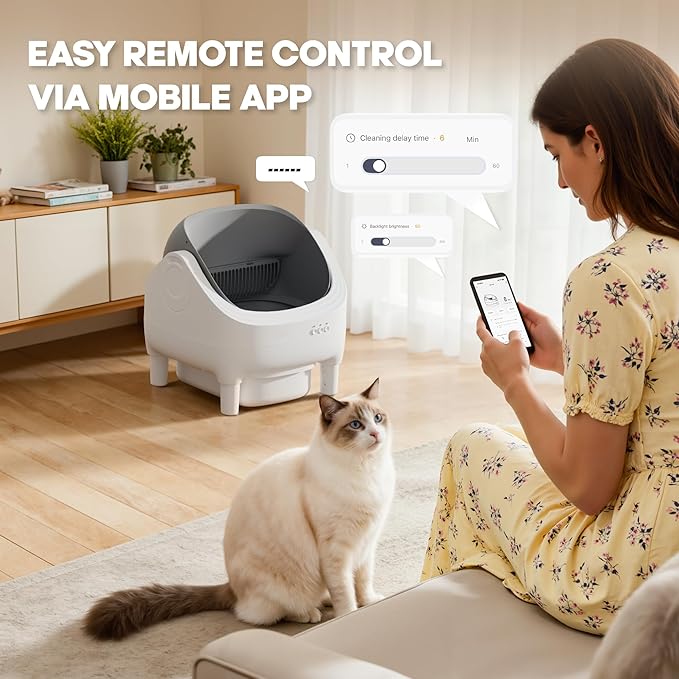 Greesum Self Cleaning Cat Litter Box – Automatic Open-Top Smart Litter Box with App Control, 15L Odor-Sealed Waste Bin, Ultra Quiet 35dB, Multi-Cat & Large Cat Compatible, with Trash Bags & Mat