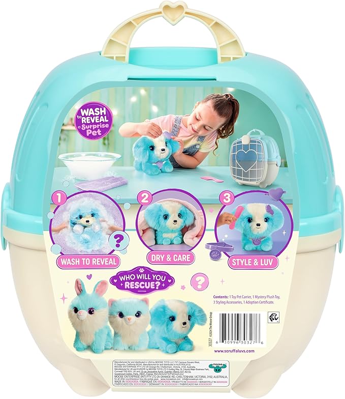 SCRUFFALUVS Blue Surprise Pet, Mystery Plush Toys, Stuffed Animals, Wash to Reveal 1 of 3 Rescue Surprise Toy Pets: Puppy, Bunny, or Kitty - Includes 8.7" Deluxe Carrier - Styles May Vary