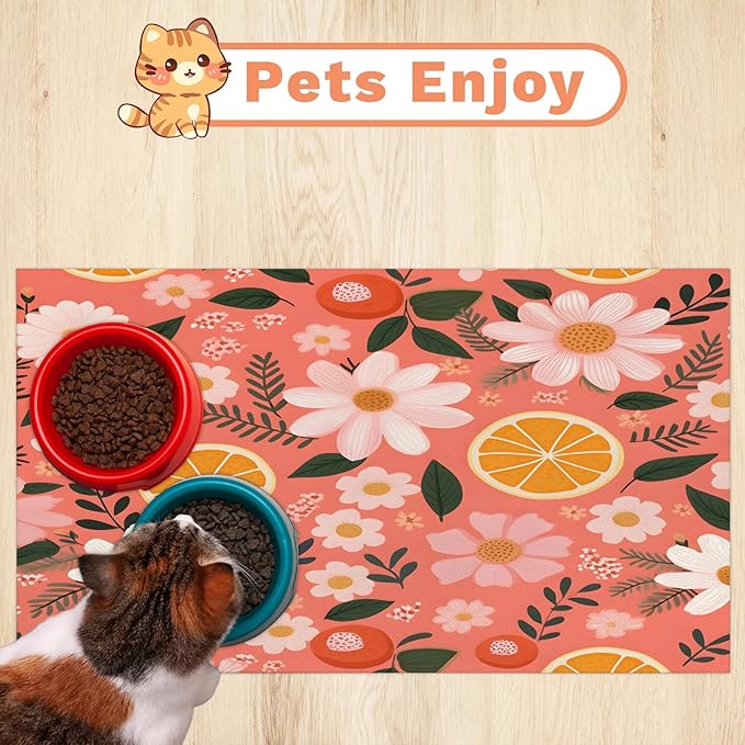Orange Fruit Dog Food Mat for Floors Absorbent Dog Bowl Mat for Food and Water Dispenser Quick Dry Cat Food Placemat Pet Supplies 16" x 24", Flower