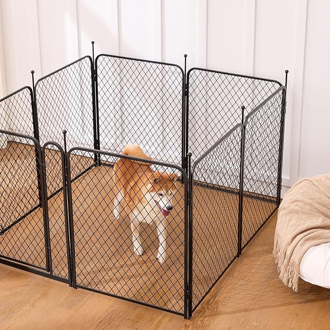 Paw Safe Dog Playpen for Indoor, 32 Inch 8 Panels Anti-pinch Diamond Mesh Dog Fence for Small Medium Dogs, Metal Stable Dog Play Pen with Door, Portable Pet Playpen for Outdoor RV Camping Yard