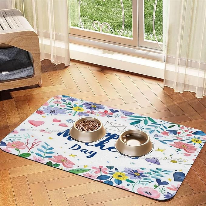 Pet Feeding Mat for Dogs Cats Happy Mother's Day Floral Gift for Mom EB Absorbent Dog Food Mat Non-Slip Waterproof Placemat Quick Dry Pet Supplies Bowl Mats