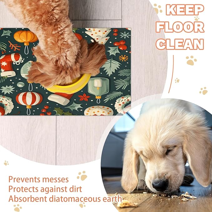 Christmas Sock Dog Food Mat for Floors Absorbent, Quick Dry Water Dispenser Mat for Food, Water, Pet Supplies 24" x 32", Xmas Tree
