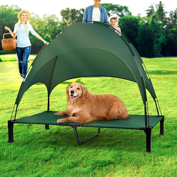 Heeyoo Elevated Dog Bed with Canopy, Portable Dog Cot with Removable Shade Tent, Outdoor Raised Pet Cot Cooling Bed for Dogs