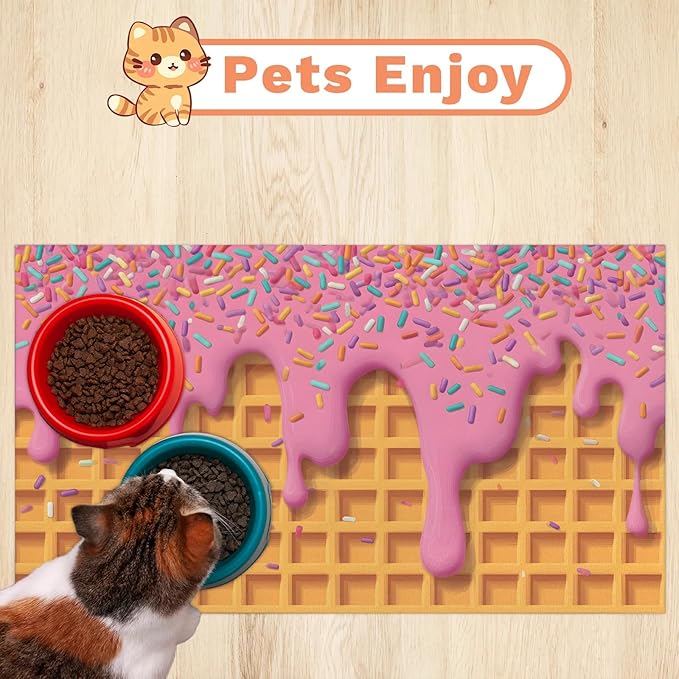 Ice Cream Dog Food Mat for Floors Absorbent Dog Bowl Mat for Food and Water Dispenser Quick Dry Cat Food Placemat Pet Supplies 12" x 20", Waffle