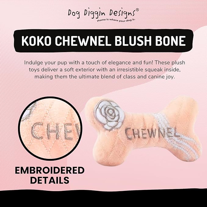 Dog Diggin Designs Chewnel Blush Plush Dog Toy Bone | Luxury-Inspired Parody Designer Bone with Squeaker, Soft Plush Chew & Play Dog Toy – Prêt-à-Porter Play!