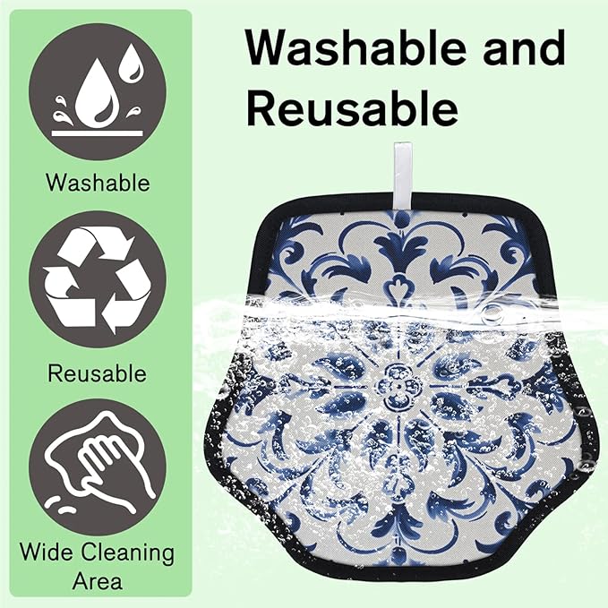 Reusable Pet Hair Removal Glove Blue Floral Printing Magic Brush for Cat & Dog Hair Remover for Car, Sofa, Bedding, Clothes - 9x9 Mitt Washable