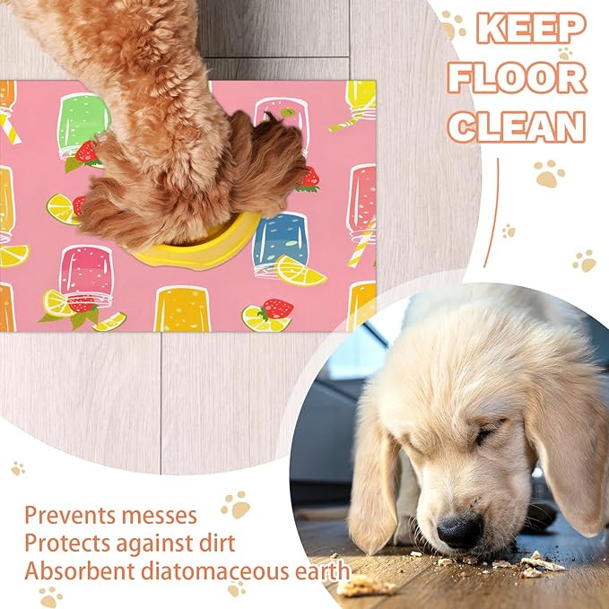 Cool Juice Dog Food Mat for Floors Absorbent Dog Bowl Mat for Food and Water Dispenser Quick Dry Cat Food Placemat Pet Supplies 12" x 20", Lemon Strawberry