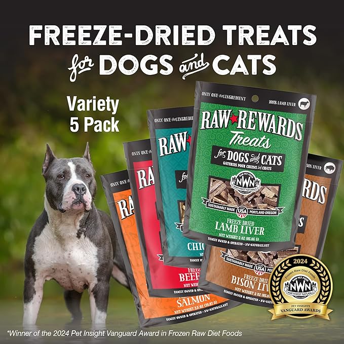 Northwest Naturals Freeze-Dried Raw Rewards Variety Pack - Dogs & Cats - Salmon (2.5 Oz), Beef, Bison, Chicken, Lamb Livers - Healthy, 1 Ingredient, Natural, Proudly Made in USA 3 Oz (Pack of 5)