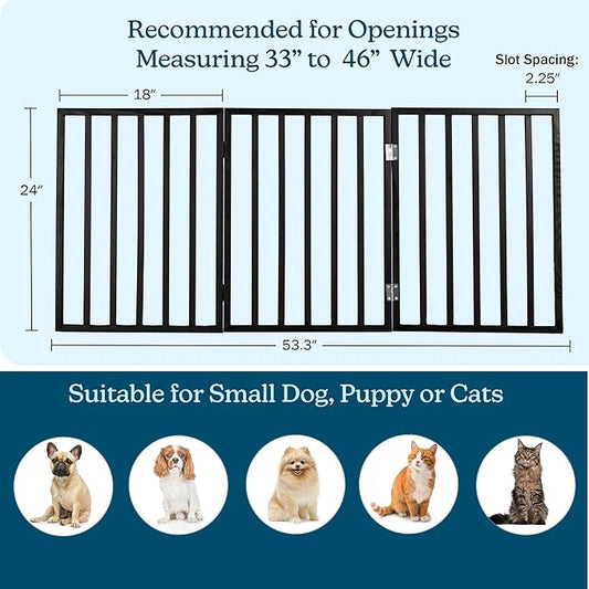 Pet Gate - 3-Panel Indoor Foldable Dog Fence for Stairs, Hallways, or Doorways - 54x24-Inch Wood Freestanding Dog Gates by PETMAKER (Black)
