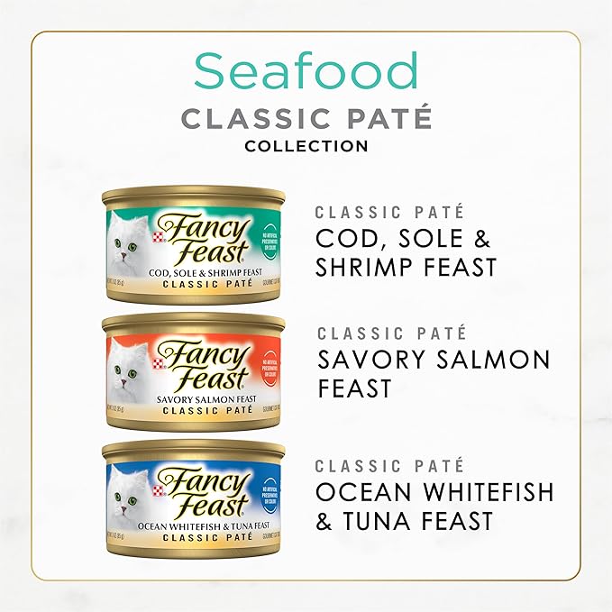Purina Fancy Feast Seafood Classic Pate Collection Grain Free Wet Cat Food Variety Pack - (Pack of 36) 3 oz. Cans