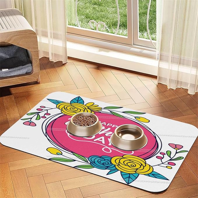Dog Food Mats for Floors Absorbent Pet Cat Food Mat Happy Mother's Day Floral Gift Mom Kk Non Slip Dogs Bowl Mats for Water Dog Placemats Feeding Mat Pet Supplies 24x16In