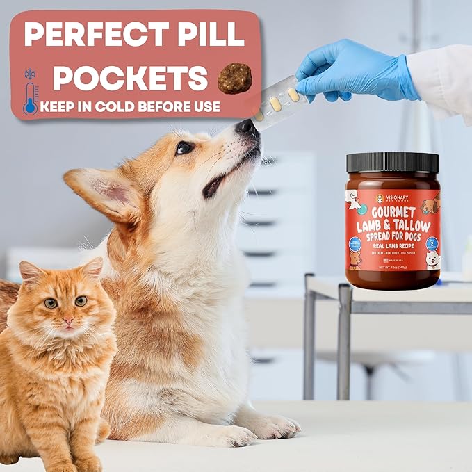 Visionary Pet Foods Lamb and Tallow Meat Spread, Dog Safe - Natural Peanut Butter Alternative - Digestive Support, No Additives - Meal Topper or Lick Mat Treat - 12oz Jar