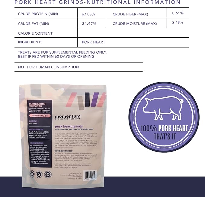 Momentum Carnivore Nutrition Freeze-Dried Pork Heart Pet Food Topper – Single-Ingredient, All-Natural Topper – High-Protein for Dogs and Cats, Grain-Free and Made in The USA– (3.75 oz Bag)