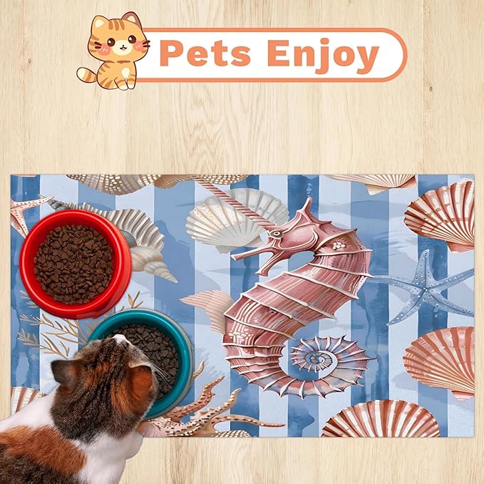 Shell Seahorse Dog Food Mat for Floors Absorbent Dog Bowl Mat for Food and Water Dispenser Quick Dry Cat Food Placemat Pet Supplies 24" x 32", Blue White Lines
