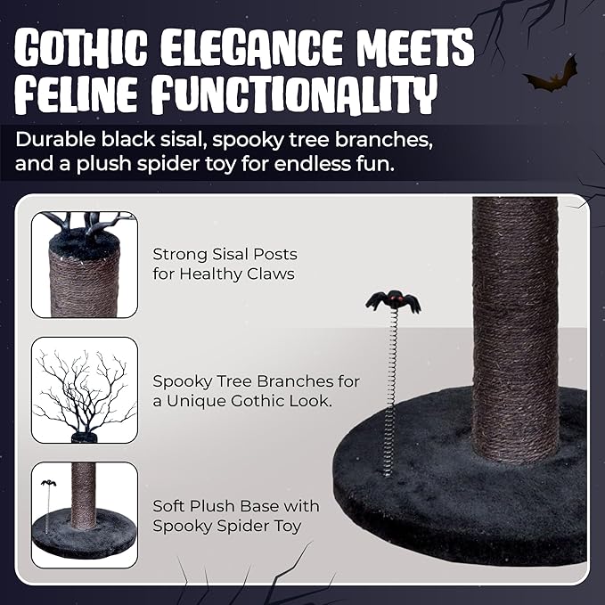 Black Cat Scratching Post – 37” Cute Cat Scratching Post Featuring Durable Sisal, Spooky Tree Design & Spider Goth Cat Toys for Indoor Cats