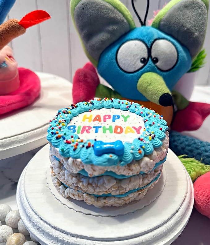 Lot of 6 Dezicakes Crispy Vanilla Blue Dog Birthday Cakes- Edible Puppy Party Crispy Vanilla Rice Cake- Handmade with Love- Perfect Dog Party Cake Boxed, Iced and Decorated