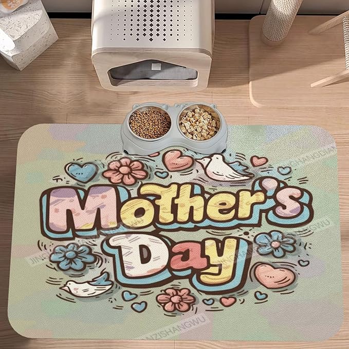 Pet Feeding Mat for Floors Waterproof Dog Mat for Food and Water Happy Mother's Day Floral Gift Mom Ej Absorbent Quick Dry Non Slip Mats Cat Bowls 24x16In