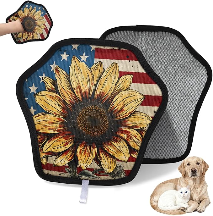 Stars Stripes Sunflower Electrostatic Pet Hair Removal Glove for Cats & Dogs - Reusable Grooming Mitt for Couch, Carpet, Car Seat & Laundry - Large 9x9 Inch