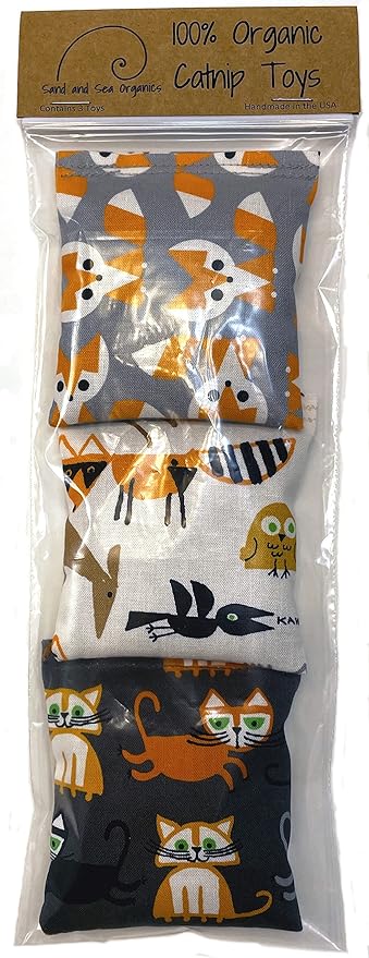 Organic Catnip Toys, Made with GOTS Certified Organic Fabric, Organic Catnip, Organic Thread, One package of 3 toys, Handmade in the USA