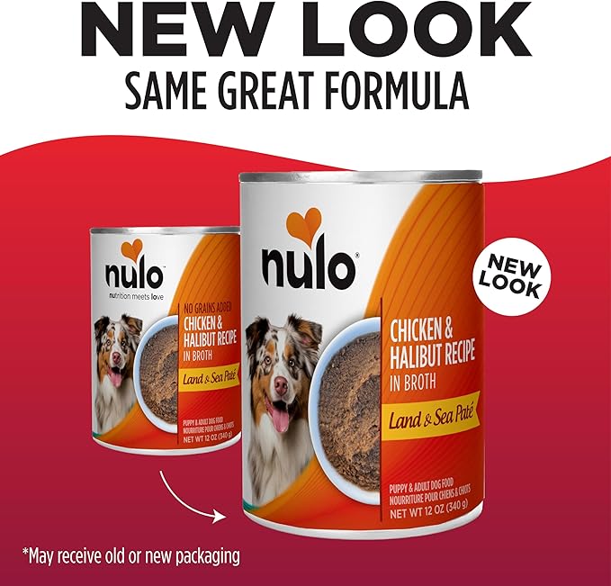 Nulo Land & Sea for Adult Dogs & Puppies Chicken & Halibut Recipe in Broth 12 Ounce Cans, Pack of 5