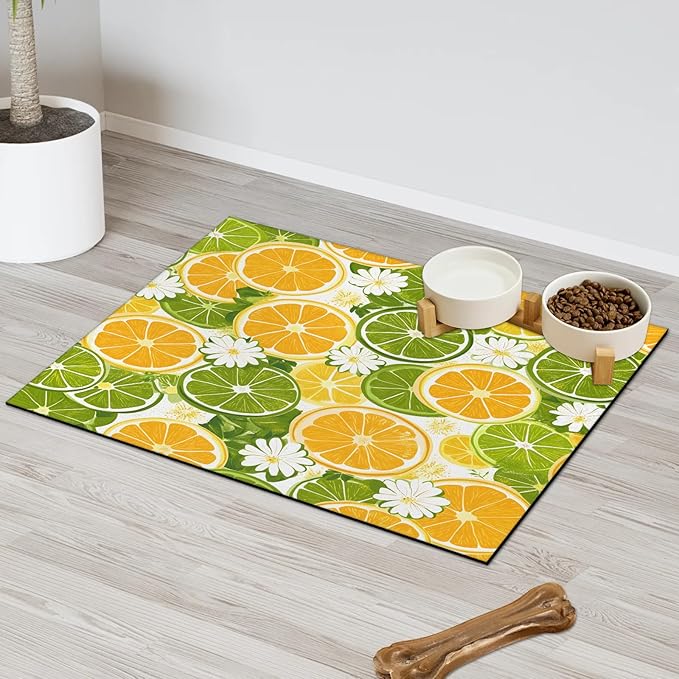Lemon Dog Food Mat for Floors Absorbent Dog Bowl Mat for Food and Water Dispenser Quick Dry Cat Food Placemat Pet Supplies 24" x 32", Daisy Floral
