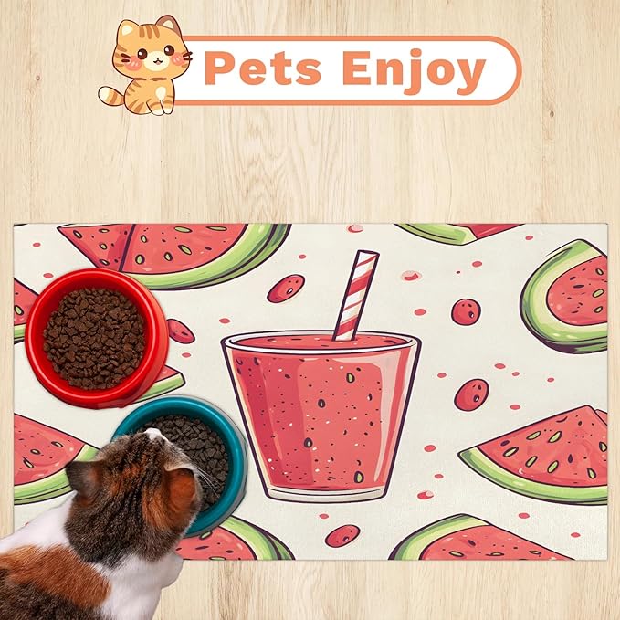 Watermelon Juice Dog Food Mat for Floors Absorbent Dog Bowl Mat for Food and Water Dispenser Quick Dry Cat Food Placemat Pet Supplies 17" x 30", Summer Fruit