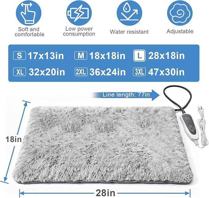 Dog Heating Pad 28x18 in with Smart Thermostat Switch and Power Line Protection Tube,Obtained MET and UL Dual Certification,Waterproof Puppy Heating Pad- Gray 1