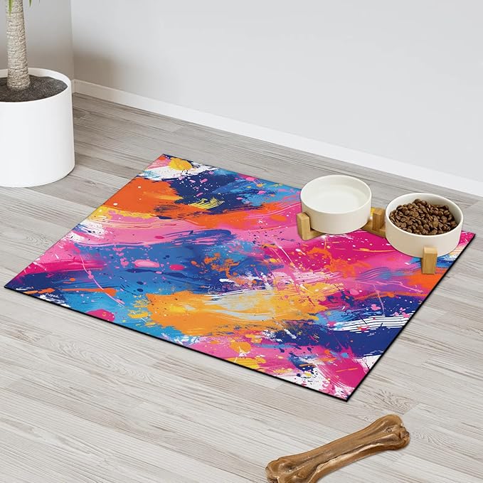 Colorful Graffiti Dog Food Mat for Floors Absorbent Dog Bowl Mat for Food and Water Dispenser Quick Dry Cat Food Placemat Pet Supplies 12" x 20", Abstratc Graffiti