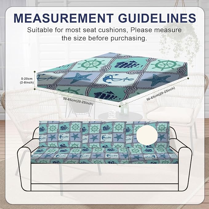 HANDONTIME 8Pcs Outdoor Patio Cushion Covers Anchor Starfish Stretch Couch Cushion Cover Patio Couch Slipcover for Outdoor/Indoor Washable Non-Slip Furniture Protector for Pets (Oceans,Cover Only)