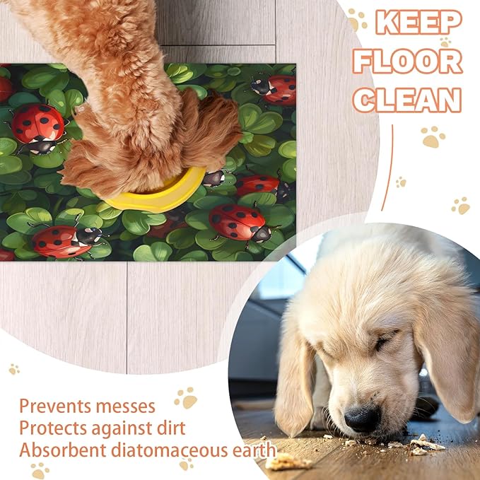 Red Ladybird Dog Food Mat for Floors Absorbent, Quick Dry Water Dispenser Mat for Food, Water, Pet Supplies 24" x 32", Green Leaf